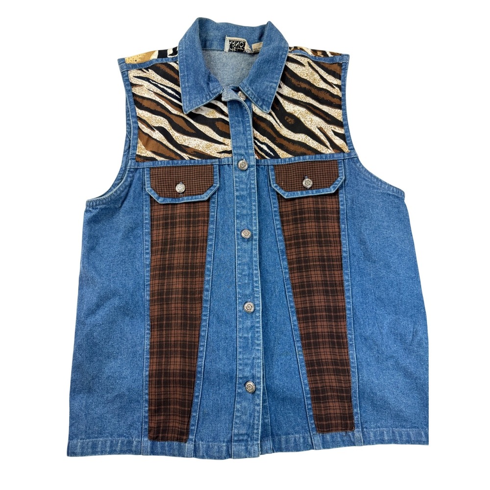 Shelly & Arnold Vtg Denim Vest Animal Print Plaid Patchwork Mixed‎ Media Small